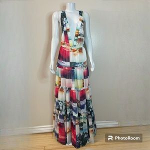 Multi color ocean print deep V-neckline criss cross back sleeveless maxi dress